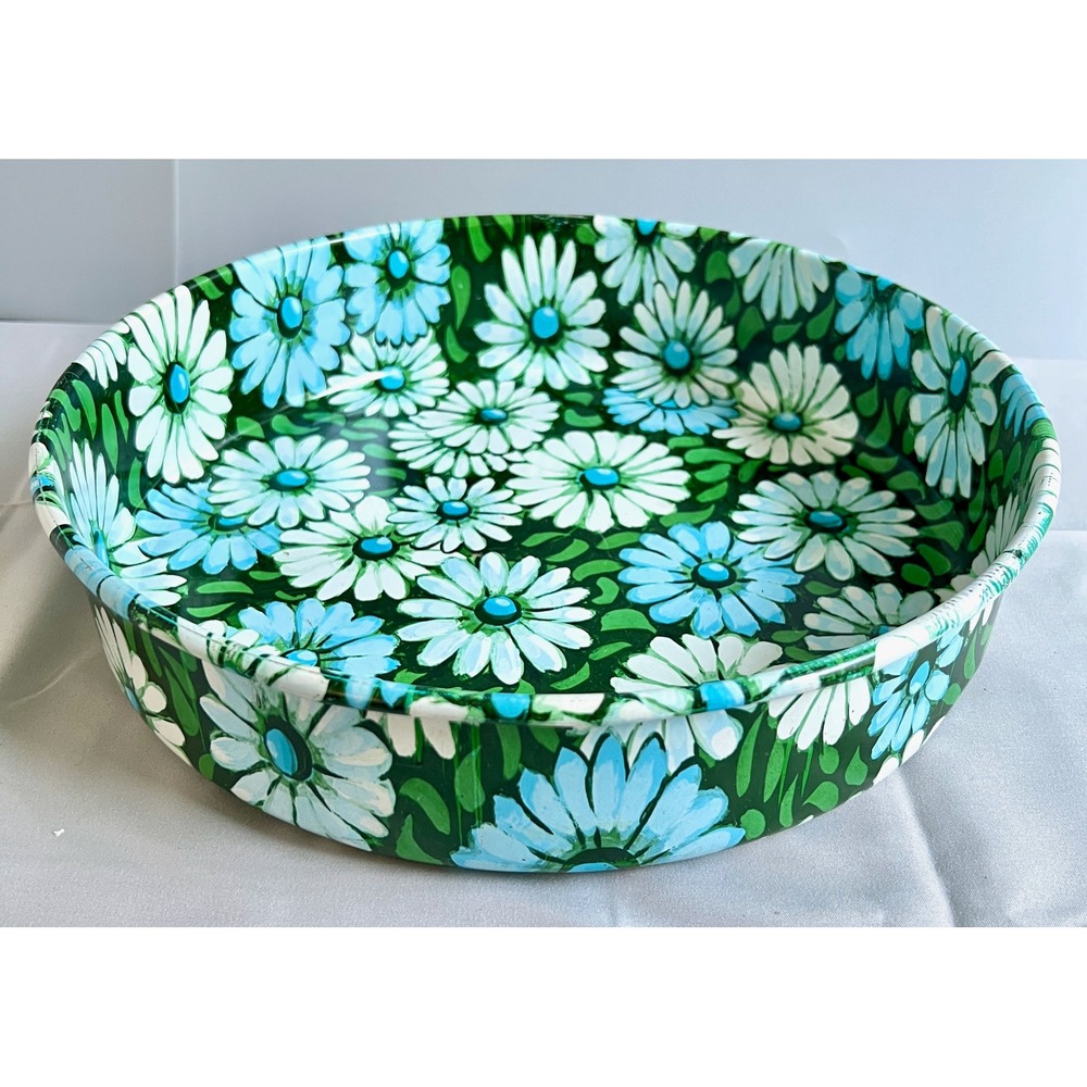 VTG Marsh Allan Flower Power Daisy Serving Tray Round Metal Green Blue 12"
